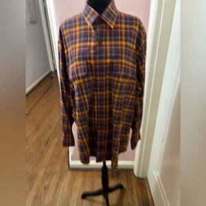 Orvis Shirt Long Sleeve Button Up Plaid Burgundy Navy Orange Mens Large